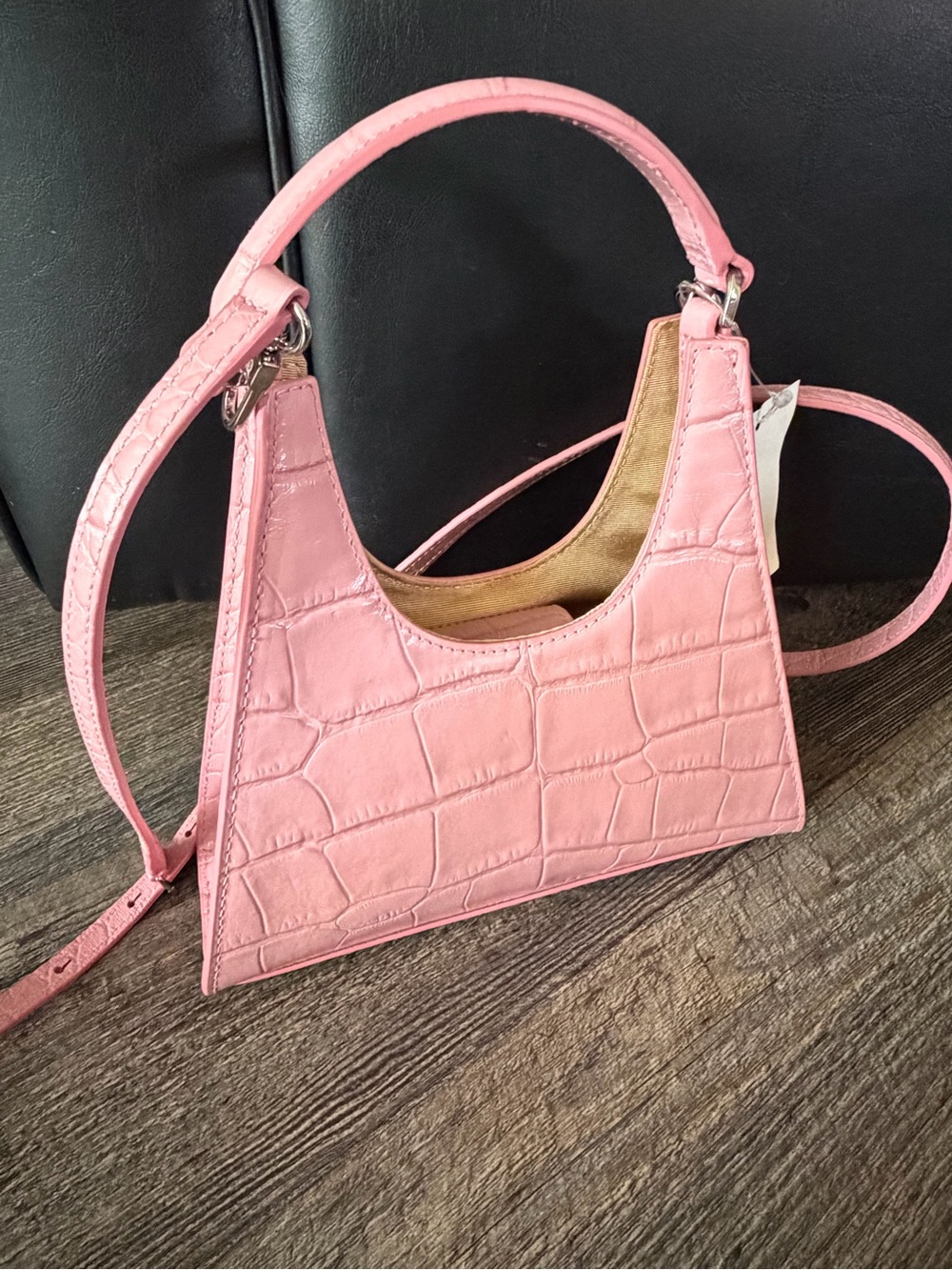 Staud Rey Pink Croc-Embossed Shoulder Bag